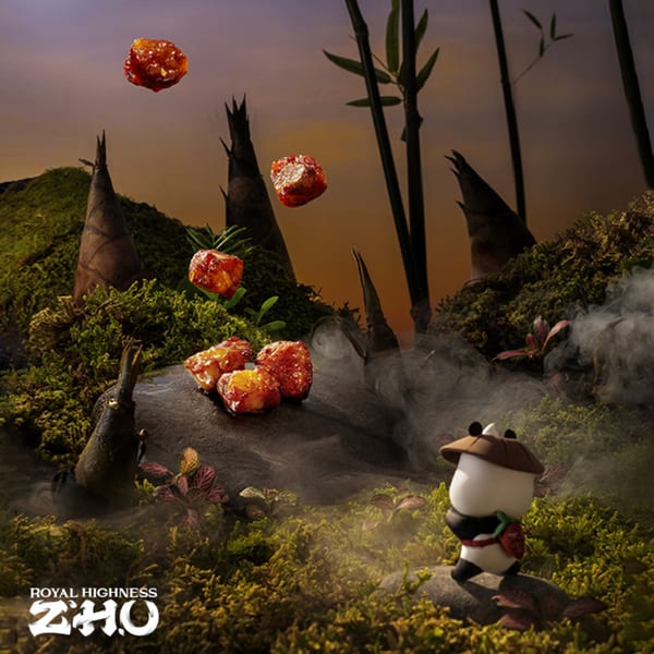 A cartoon panda in a bamboo forest with floating pieces of sweet and sour pork.
