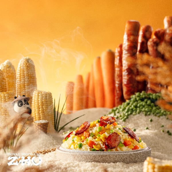 Royal Highness Zhu's fried rice with sausage, corn, peas, and carrots in a whimsical landscape.