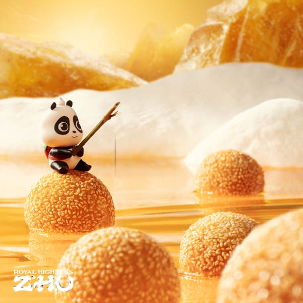 A cartoon panda fishing from a sesame ball in a golden liquid, with more sesame balls floating.