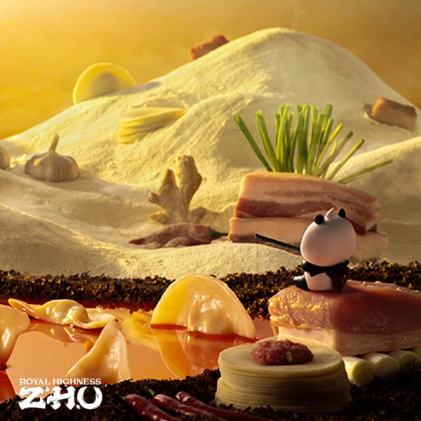 A whimsical landscape of Chinese ingredients, including dumplings, pork belly, and a panda figurine.