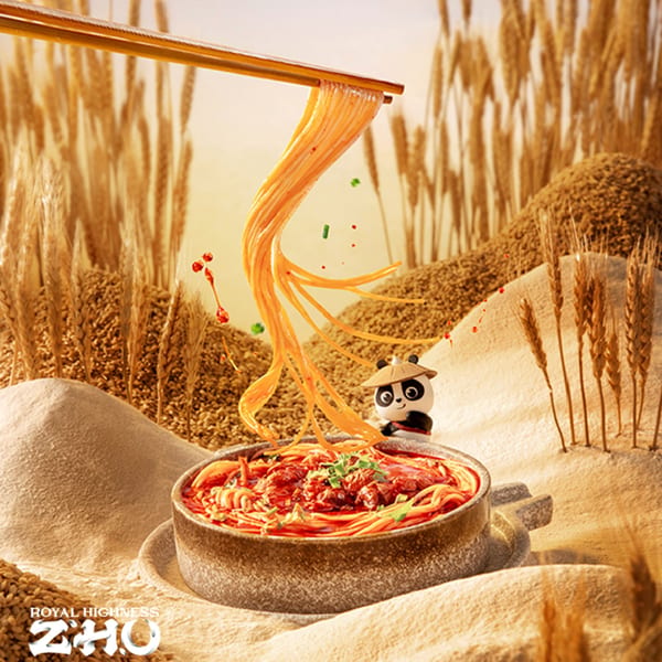 Chopsticks lift noodles from a bowl of Royal Highness Zhu's Chinese noodles, surrounded by wheat.